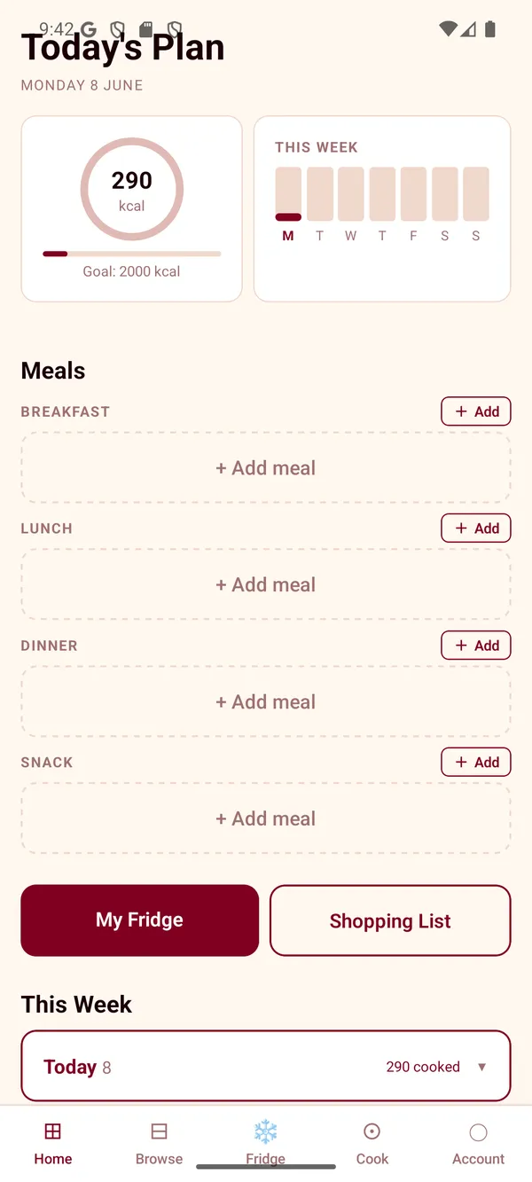 MealPlanner home screen: calories eaten today, the week, and empty meal slots for breakfast, lunch, dinner and snack.